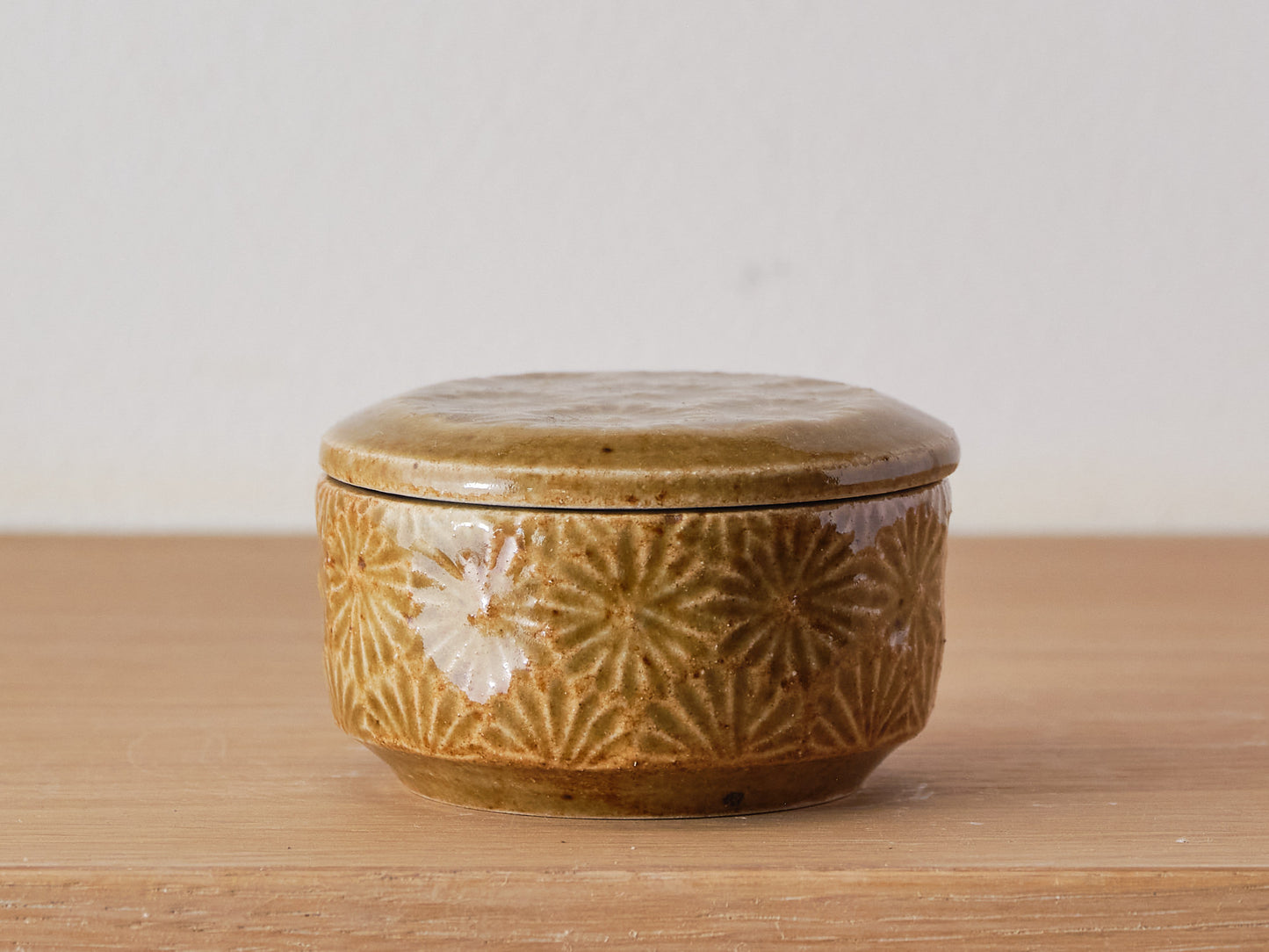 Yellow Glazed Patterned Pot with Lid by Tomoka Nomura