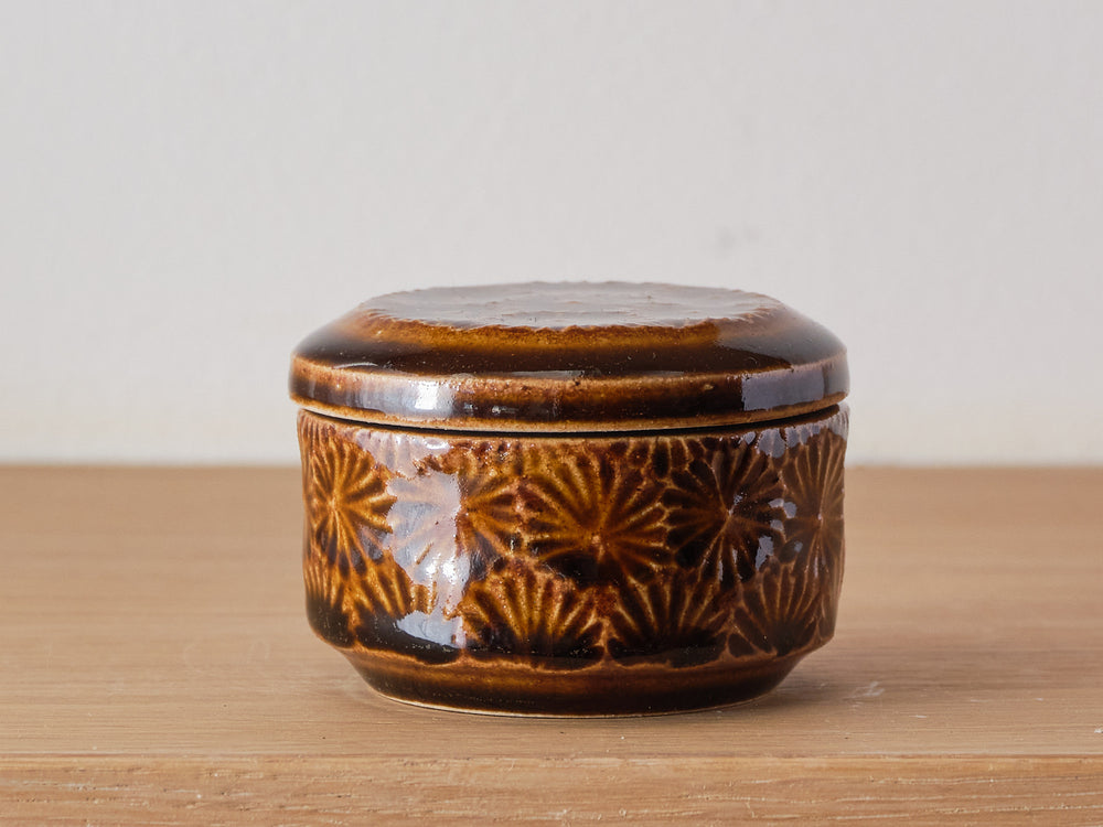 Caramel Glazed Floral Patterned Pot with Lid by Tomoka Nomura