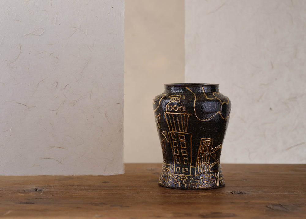 Ash Glazed Flower Vase with Gold Design by Kenichiro Inoue